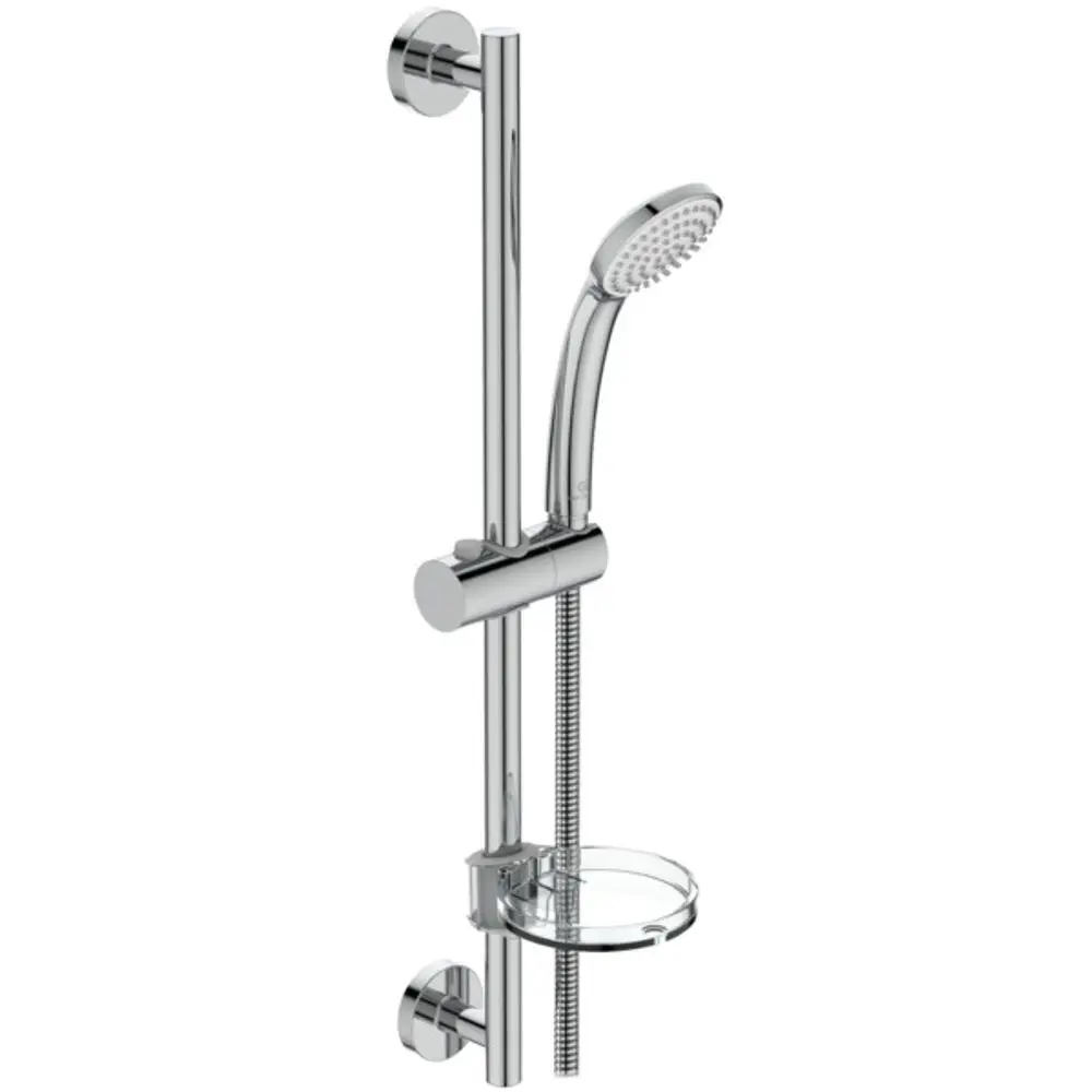 Brausekombination von Ideal Standard mit einer Handbrause und Halterung, montiert an einer vertikalen Stange, chromfarben, mit einer Ablagefläche unterhalb der Brause.